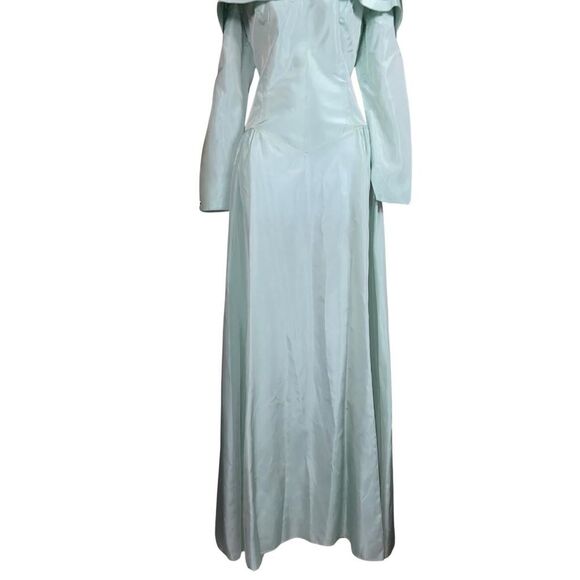 Vintage Light Blue/Teal Off-The-Shoulder Satin Bridesmaid Formal Gown - Picture 3 of 8